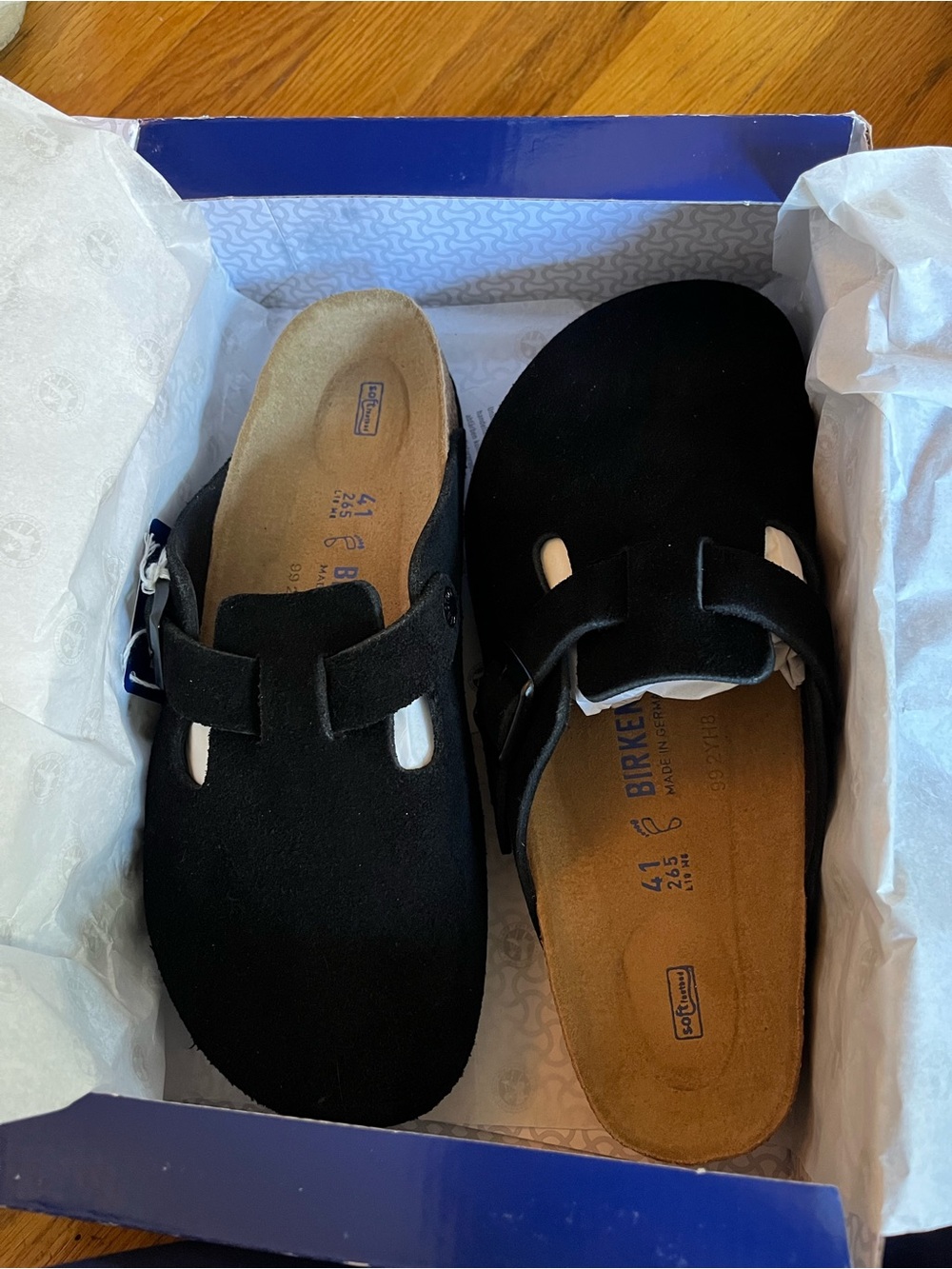 Birkenstock Black Suede Boston Clogs, soft footbed, size 41